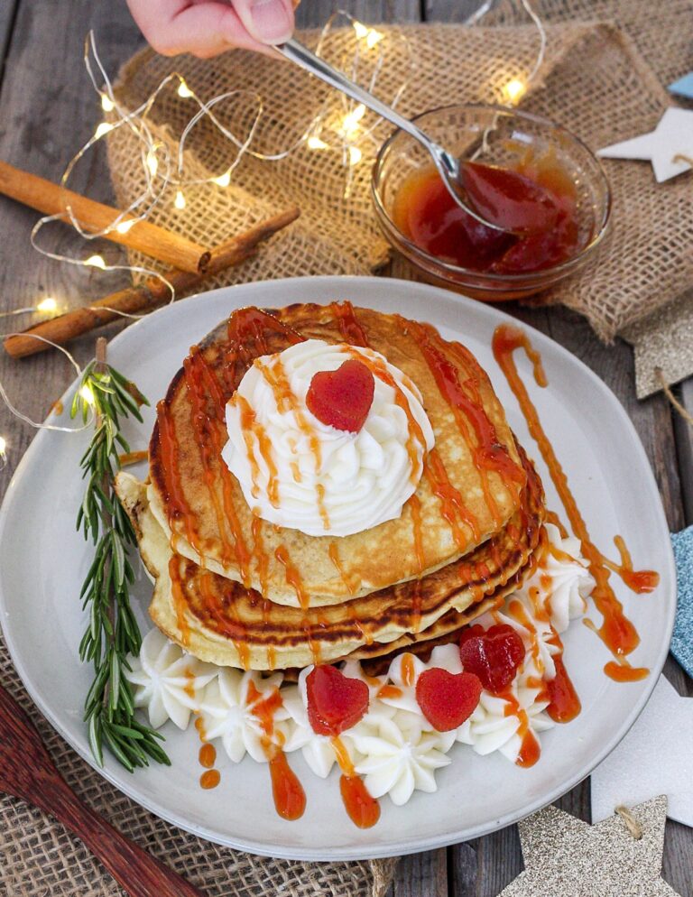 Guava Cream Cheese Pancakes topped with Cream Cheese Buttercream