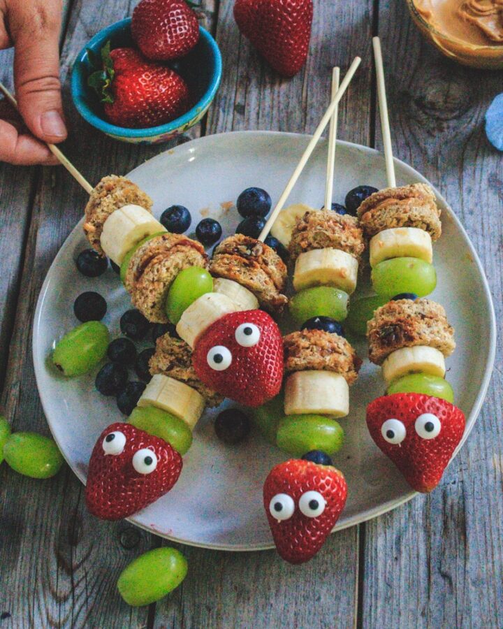 Peanut Butter Jelly Fruity Caterpillar Kebabs